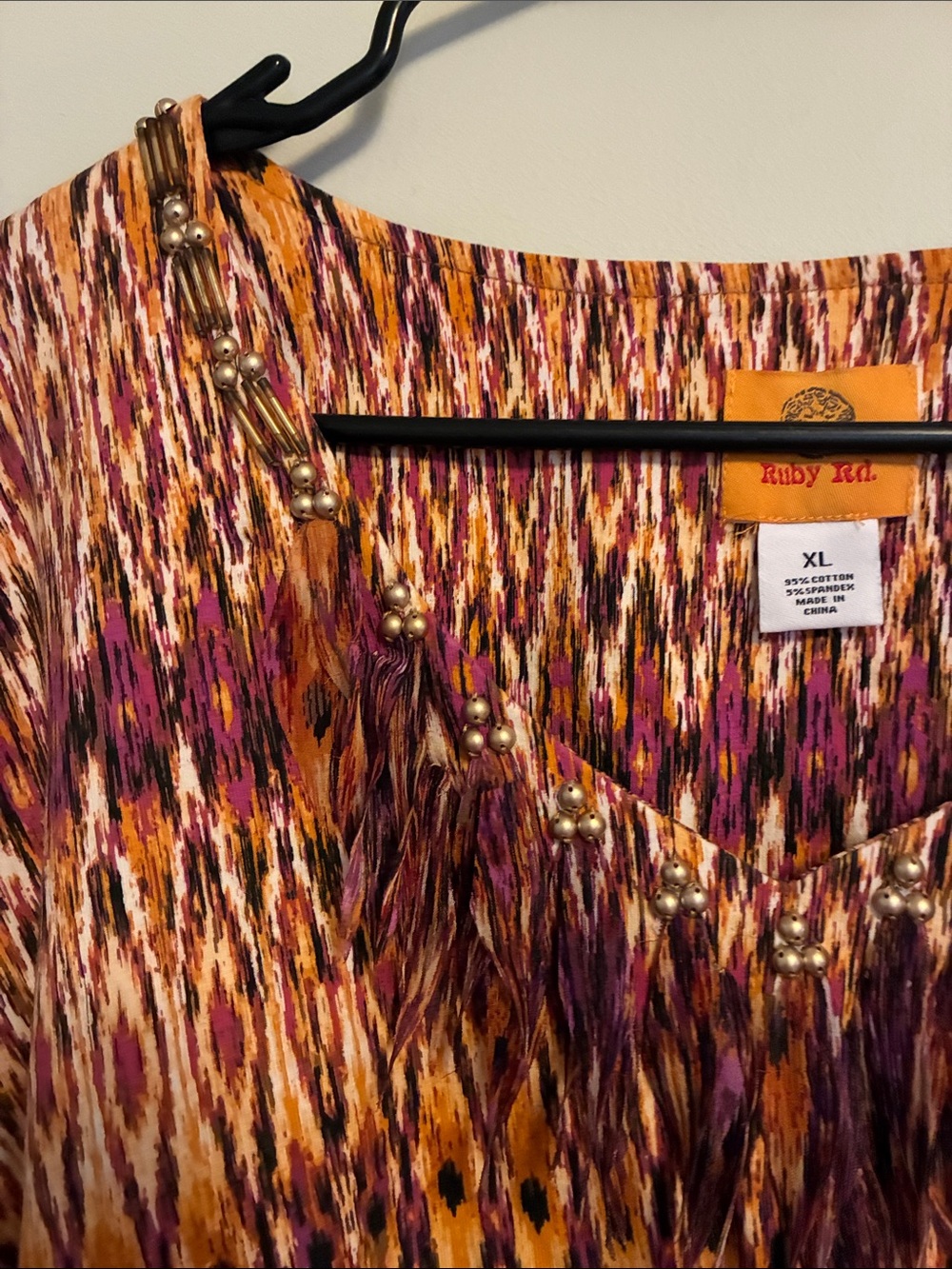 Ruby Rd. Ikat-Pattern V-Neck Tunic in Mustard & Burgundy - Picture 3 of 9